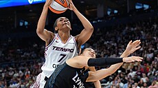 Teonni Keyová z Toronto Tempo zakon�uju p�es Eli�ku Hamzovou z Minnesota Lynx.