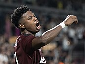 Spar�anský úto�ník John Mercado slaví rozhodující gól v utkání 3. p�edkola Ligy...