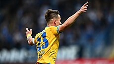 Teplický zálo�ník Luká� Mare�ek se raduje ze své trefy proti Liberci.