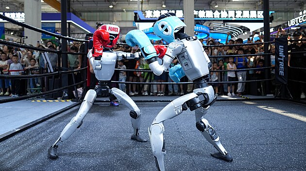 Roboti se b�hem Sv�tov�ch her humanoidn�ch robot� utkaj� ve sportovn�ch i praktick�ch discipl�n�ch.