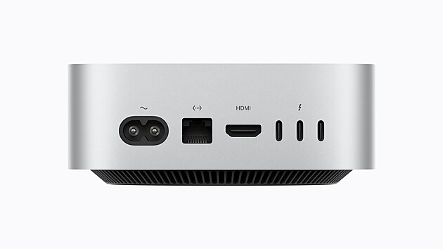 Konektory po��ta�e Apple Mac Mini maj� stejn� rozm�st�n� jako p�edchoz� model.