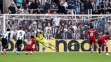 Branká� Luká� Horní�ek z Newcastlu inkasuje z penalty v utkání s Liverpoolem.