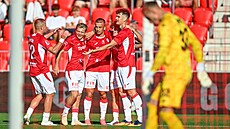 Pardubi�tí fotbalisté se radují z gólu Tobiase Boledovi�e p�ed p�ekonaným...