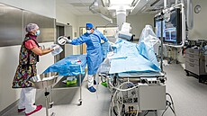 Kardiolog Vojt�ch Novotný p�i zákroku na katetriza�ním sále Kardiologického...