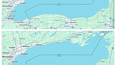 Snímky z Google Maps zobrazují jezero Amerika v USA a jezero Ontario v Kanad�...