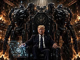 Obrázek AI, ve kterém je Trump jako superhrdinský v�dce.