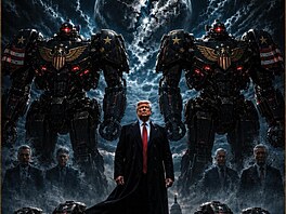 Obrázek AI, ve kterém je Trump jako superhrdinský v�dce.