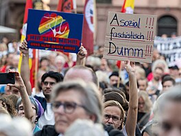 Protestujíc proti AfD dr�eli transparent s nápisem �Antisociální, fa�isti�tí,...