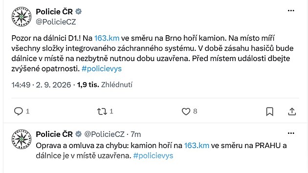 Policie �R na s�ti X nejprve chybn� uvedla, �e kamion ho�� ve sm�ru na Brno, co� vz�p�t� opravila a up�esnila, �e se ud�lost stala ve sm�ru na Prahu. (2. z��� 2026) 