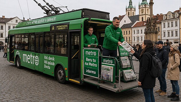 Abychom nebyli jen v Praze, do Jihlavy na Masarykovo n�m�st� dorazil s pomoc� um�l� inteligence kolport�rsk� trolejbus v barv�ch den�ku Metro a doplnil by zdej�� trolejbusy MHD.