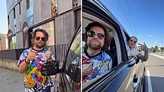Hudebníci Richard Kraj�o a Sergei Barracuda p�elepili p�ední vn�j�í zrcátko...