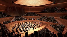Vizualizace hudebního sálu Vltavské filharmonie.