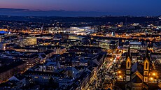Vizualizace Vltavské filharmonie v noci.