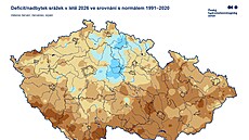 Mapa �HMÚ, která ukazuje deficit nebo nadbytek srá�ek v lét� 2026 ve srovnání s...
