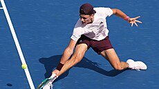 Jakub Men�ík se natahuje k bekhendovému úderu ve druhém kole US Open.