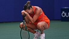 Aryna Sabalenková b�hem �tvrtfinálového zápasu proti Lind� Noskové na US Open.