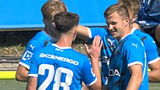 Fotbalisté Mladé Boleslavi slaví druhý gól Martina �uberta proti Baníku Ostrava...