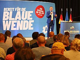 Spolup�edseda AfD Tino Chrupalla na volebním mítinku v Pasewalku v...
