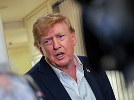 Americký prezident Donald Trump hovo�í s noviná�i na palub� letounu Air Force...