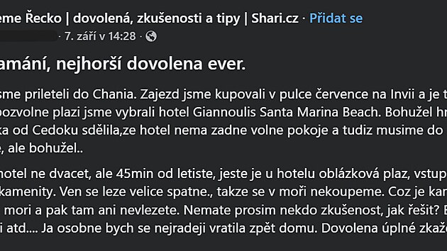 Pan� Eva se o svou zku�enost na Kr�t� pod�lila v cestovatelsk� skupin� na Facebooku.