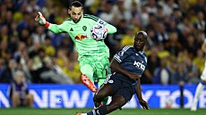 Branká� Leedsu James Trafford odkopává p�ed dotírajícím Wissou z Newcastlu.