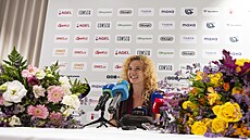 Kate�ina Siniaková na tiskové konferenci po US Open.