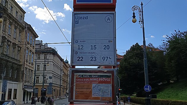Cedule na tramvajové zastávce Újezd stále informuje, že lanovka na Petřín je...