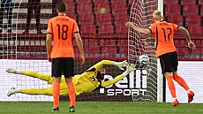 Srbský branká� Vanja Milinkovi�-Savi� se marn� natahuje po dob�e umíst�né...