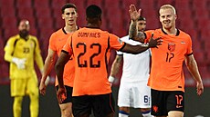 Nizozemský úto�ník Mexx Meerdink slaví se spoluhrá�i vst�elený gól proti Srbsku.