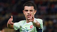 �výcarský úto�ník Zeki Amdouni slaví gól na 2:0 v utkání Ligy národ� proti...