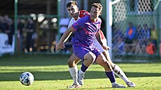 Vsetínský �imon Gabri� se sna�í zbrzdit Ladislava Krobota z Bohemians v cest�...