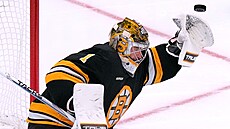 Jeremy Swayman z Boston Bruins vyrá�í puk.