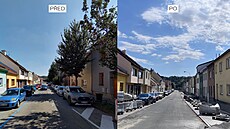 Ulice Haasova v brn�nských �abov�eskách p�ed kácením a po vykácení aleje.