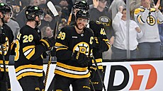 David Pastr�ák z Bostonu slaví trefu proti Utahu.