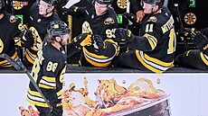 David Pastr�ák z Bostonu slaví trefu proti Utahu.