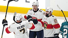 Hokejový obránce Radko Gudas radující se se spoluhrá�i v zápase se San Jose.