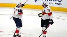 Matthew Tkachuk a Aaron Ekblad se radují z gólu v utkání se San Jose.