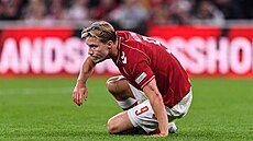 Dánský úto�ník Rasmus Højlund b�hem duelu Ligy národ� mezi Dánskem a...