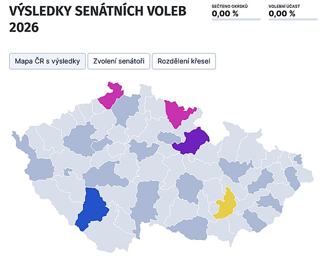 Výsledky senátních voleb 2026 po prvním kole.