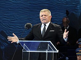 Slovenský premiér Robert Fico b�hem projevu na oslavách 82. výro�í Slovenského...