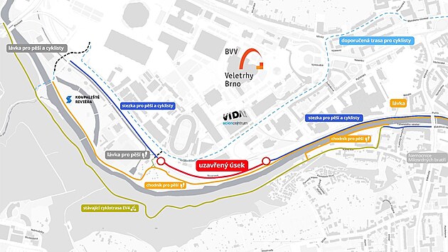 Uzavřený úsek cyklostezky, kterou Brno v říjnu 2026 začalo stavět.