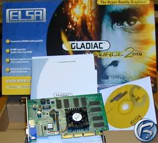 Pohled na kartu Elsa Gladiac GeForce 2 GTS 64 MB a příslušenství