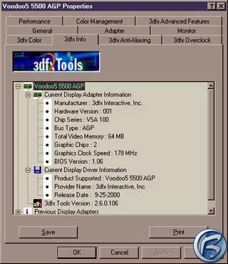 Informační panel v PC u karty 3Dfx Voodoo 5 5500