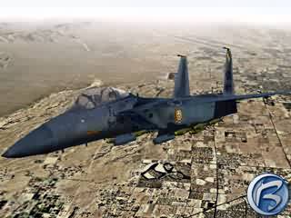 F-15 Eagle nad do detail zpracovanou krajinou