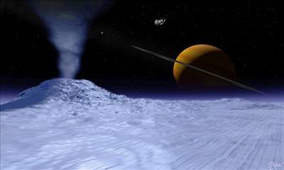 Grafika znázorňuje povrch jednoho z měsíců Saturnu, Encelada.