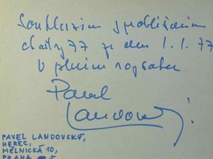 Podpis Pavla Landovskho, jednoho z prvnch signat Charty 77.
