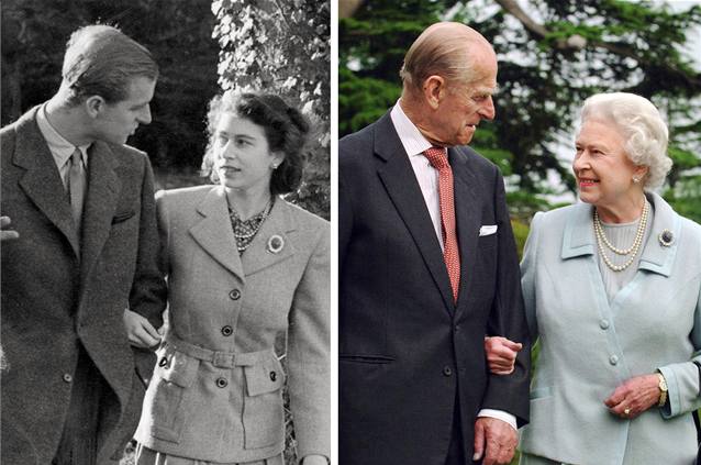 60 let poté. Mí ve Westminsterském opatství vera vyvrcholila veejná ást oslav diamantové svatby britské královny Albty II. a prince Philipa. Na snímku vlevo jsou novomanelé v listopadu 1947, snímek vpravo byl poízen po 60 letech.