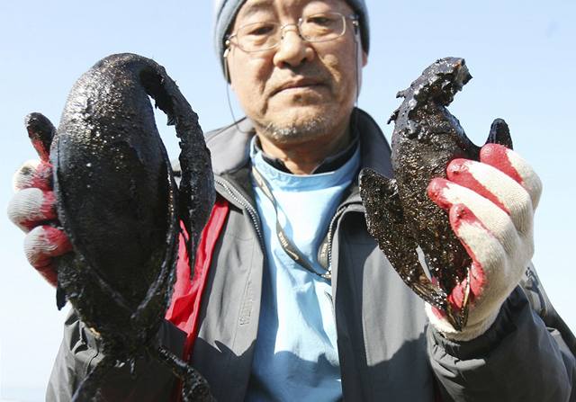 Jihokorejský záchraná ukazuje zvíata pokrytá ropou.