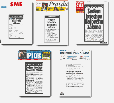 Slovenské deníky vyly na protest proti tiskovému zákonu s "vybílenou" titulní stranou.