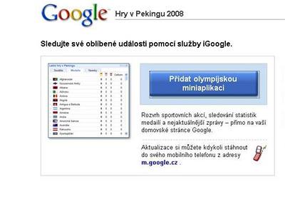 Pídání olympijské miniaplikace na hlavní stránku vyhledávae Google.